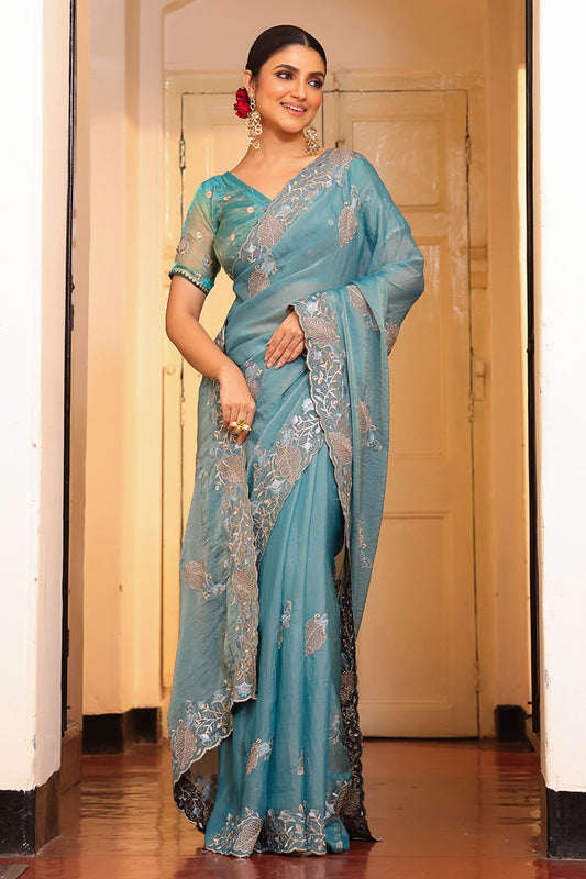 Designer Teal Blue Embroidered Silk Saree Matching Blouse