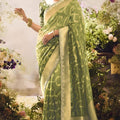 Light Olive Green Soft Silk Saree with Zari Border Designer Blouse