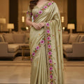 Gold Silk Saree Floral Embroidery Border Designer Party Wear Saree