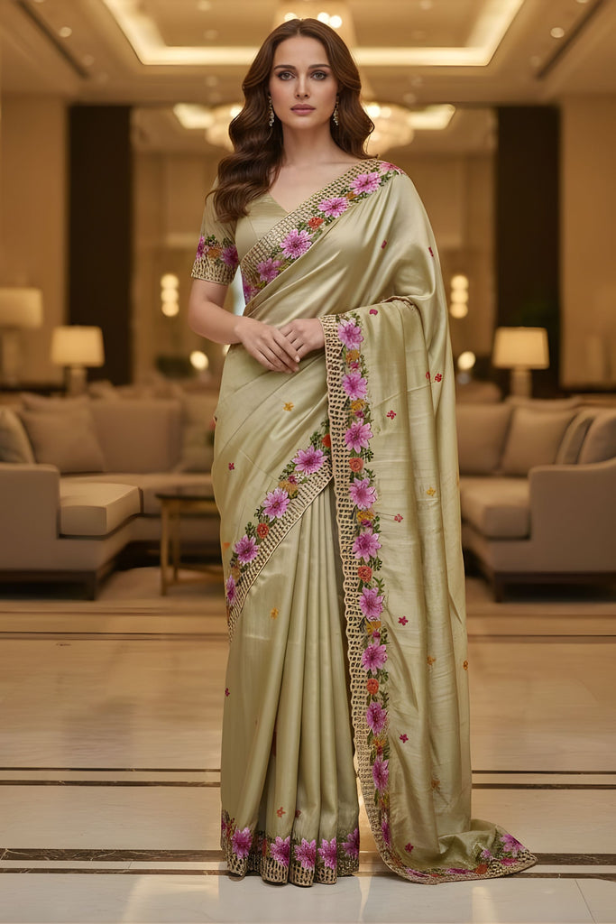 Gold Silk Saree Floral Embroidery Border Designer Party Wear Saree