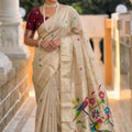  Cream Beige Tussar Silk Saree Multicolor Floral Embroidery Designer Pallu