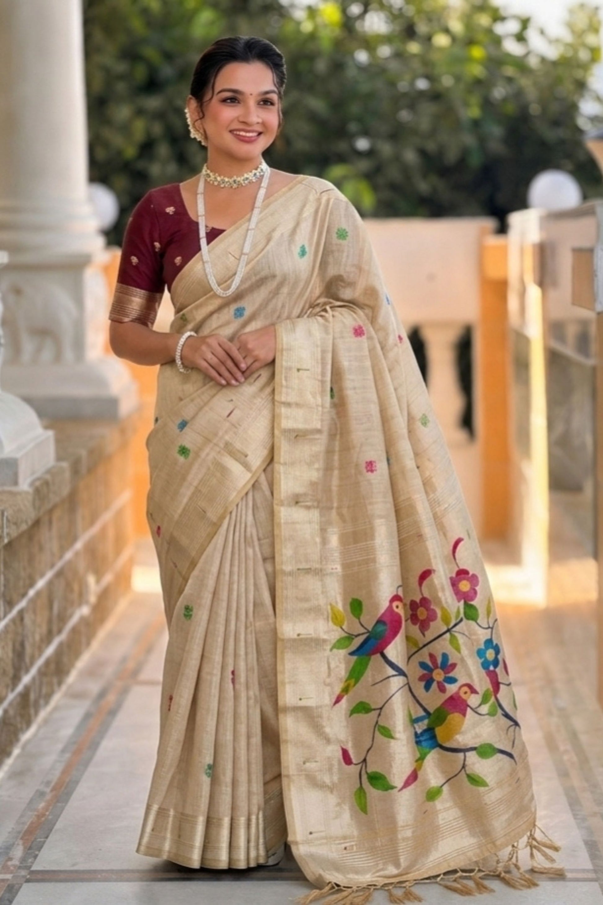  Cream Beige Tussar Silk Saree Multicolor Floral Embroidery Designer Pallu