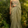  Sage Green Crushed Tissue Saree with Designer Printed Blouse 