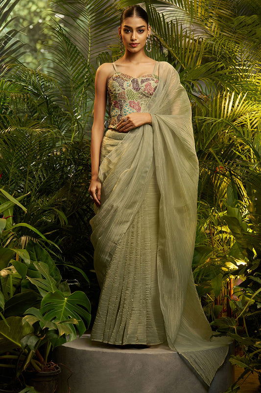  Sage Green Crushed Tissue Saree with Designer Printed Blouse 