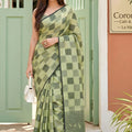 Sage Green Checked Cotton Saree with Woven Border and Pallu Design