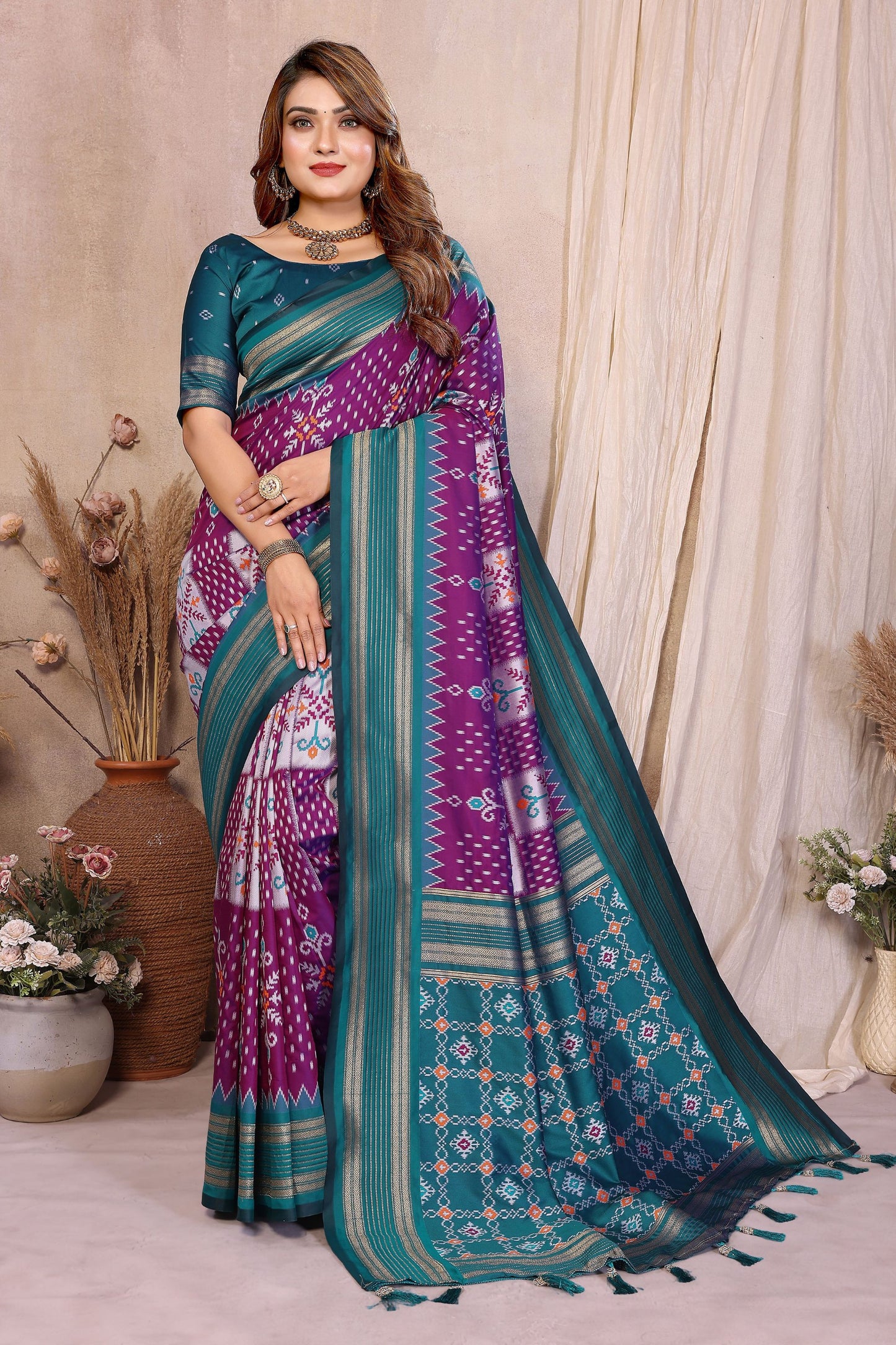 Purple And Teal Ikat Silk Saree with Traditional Weaving Saree