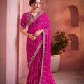 Pink Silk Bandhani Lehariya Printed Saree Embroidered Stone Work Border 