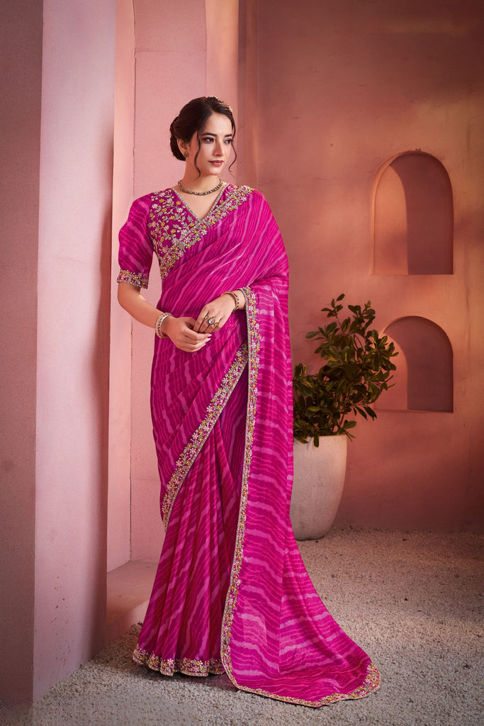 Pink Silk Bandhani Lehariya Printed Saree Embroidered Stone Work Border 