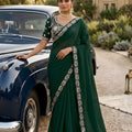 Dark Green Georgette Saree Stone Embroidered Border Designer Blouse