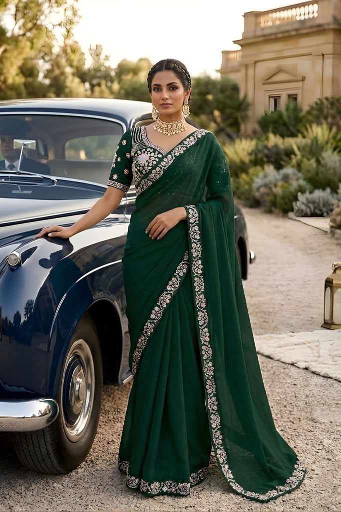 Dark Green Georgette Saree Stone Embroidered Border Designer Blouse