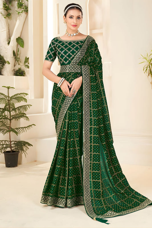 
Dark Green Embroidered Designer Saree with Sequins Work Blouse
