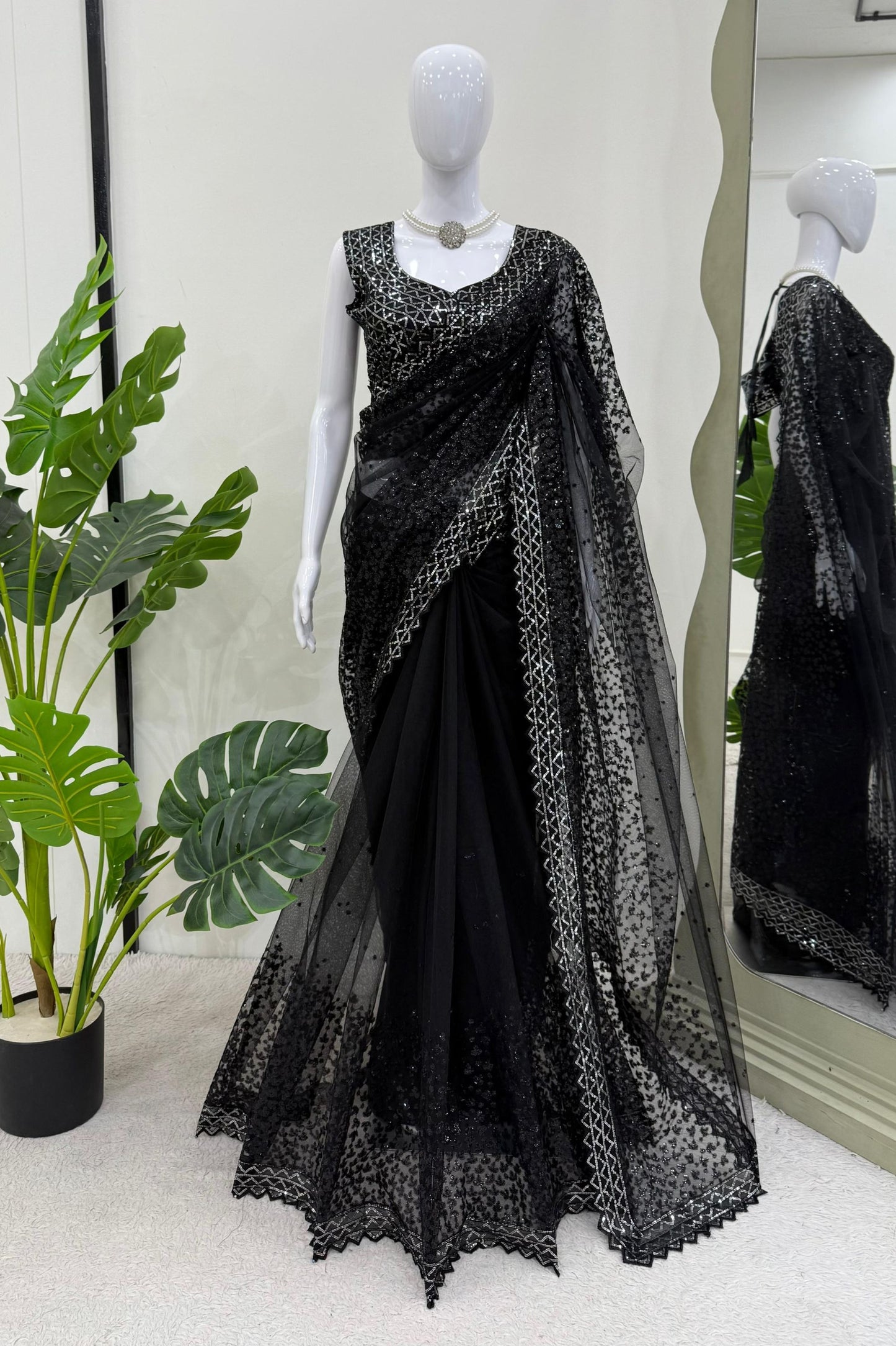 Black Net Saree with Heavy Sequin Embroidery Designer Blouse