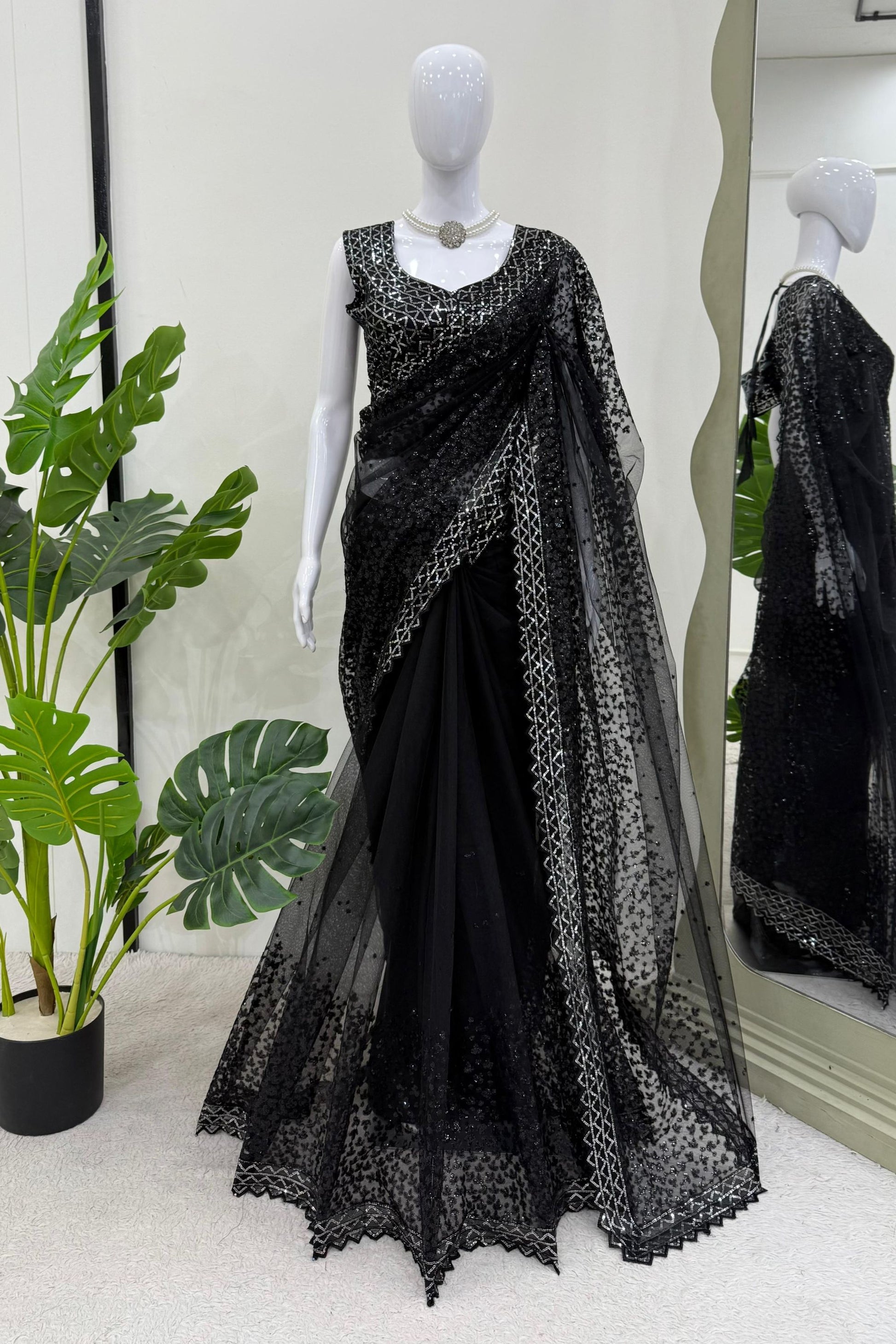 Black Net Saree with Heavy Sequin Embroidery Designer Blouse