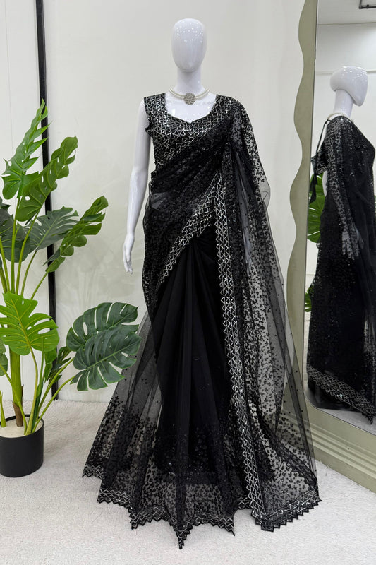 Black Net Saree with Heavy Sequin Embroidery Designer Blouse
