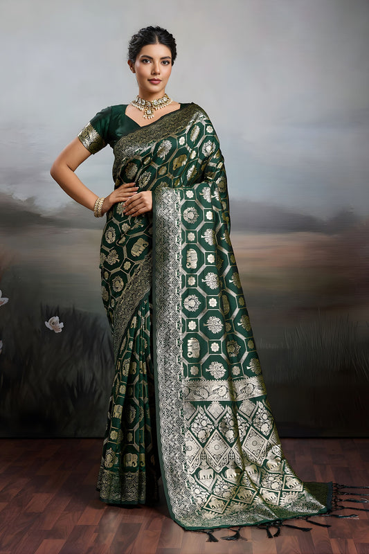 Bottle Green Banarasi Silk Saree Rich Gold Zari Weaving and Traditional Motifs