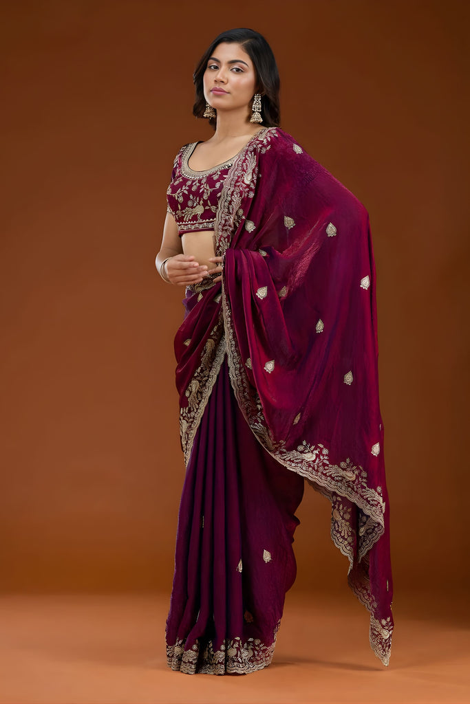 Wine Maroon Embroidered Silk Saree Designer Party Wear Saree