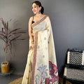 Off White Linen Cotton Saree Handcrafted Elephant Print Pallu 