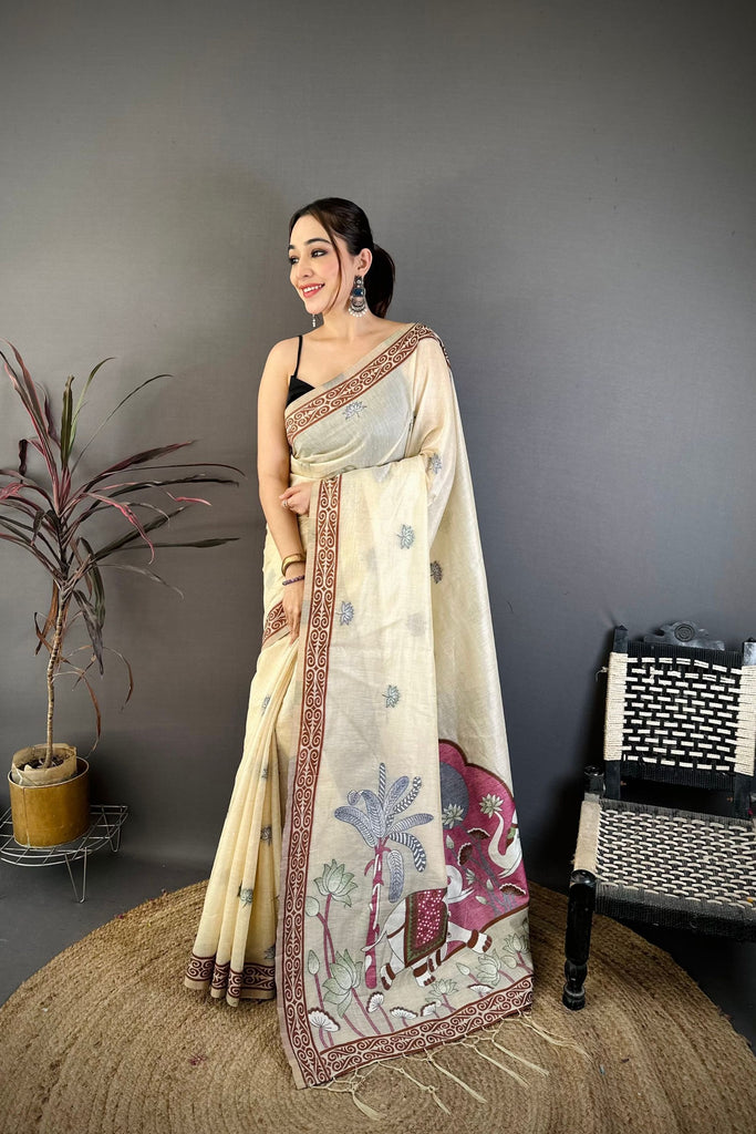 Off White Linen Cotton Saree Handcrafted Elephant Print Pallu 