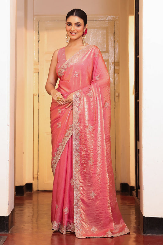 Designer Pink Silk Saree with Embroidered Border Matching Blouse