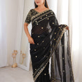 Luxury Black Organza Silk Saree Golden Thread Embroidery Designer Blouse