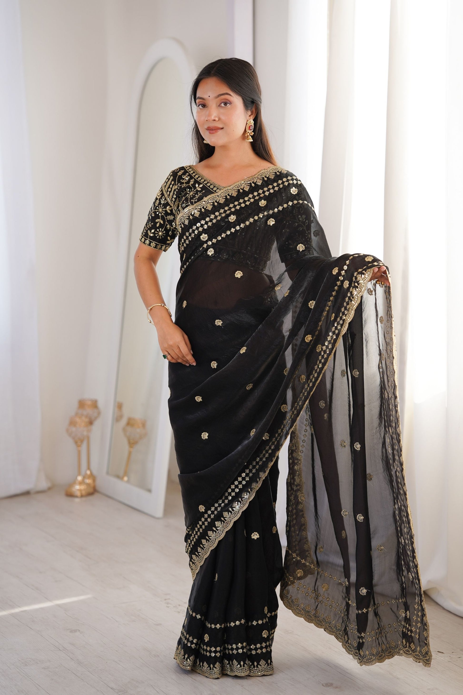 Luxury Black Organza Silk Saree Golden Thread Embroidery Designer Blouse