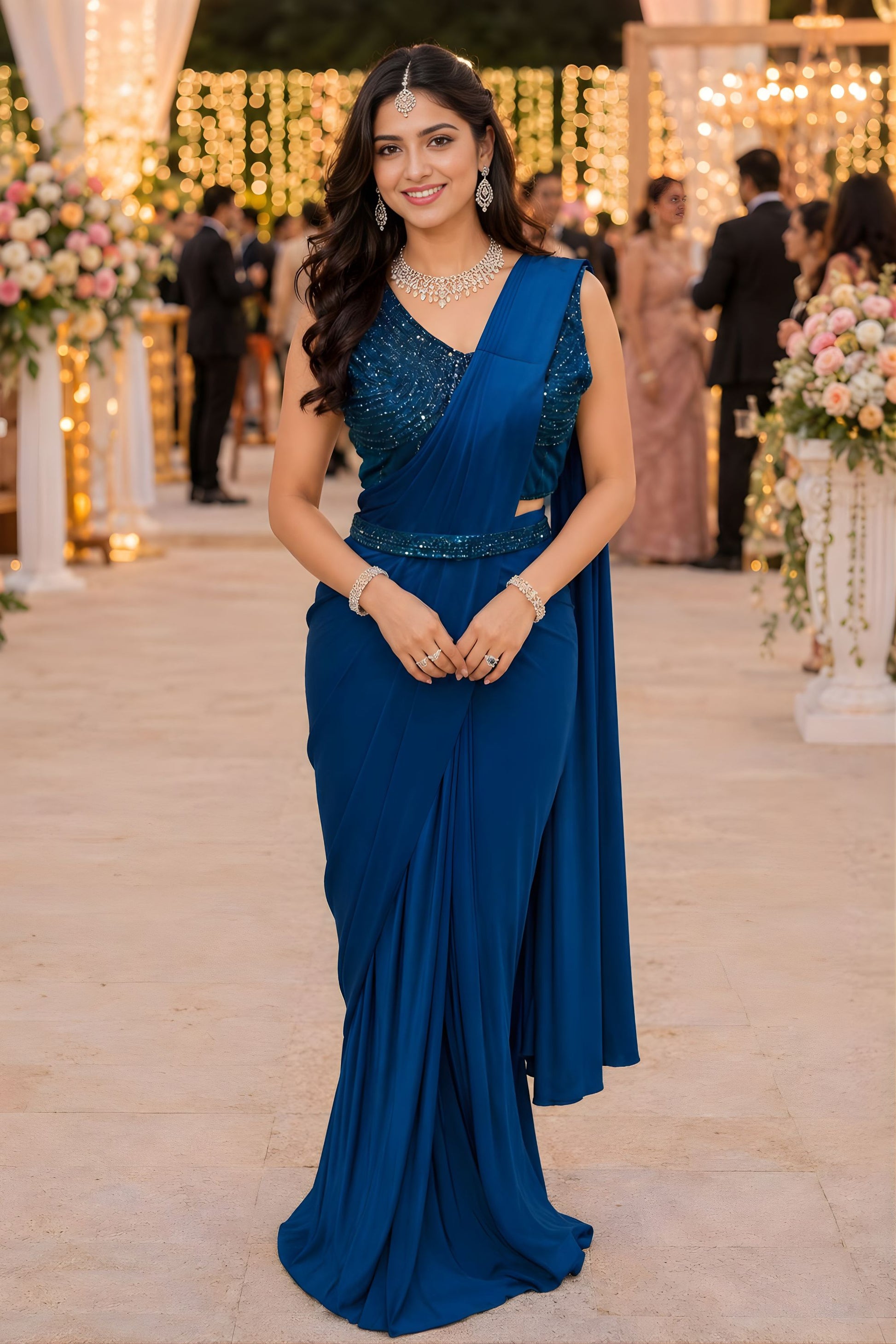 Navy Blue Georgette Saree with Sequins Embroidered Designer Blouse
