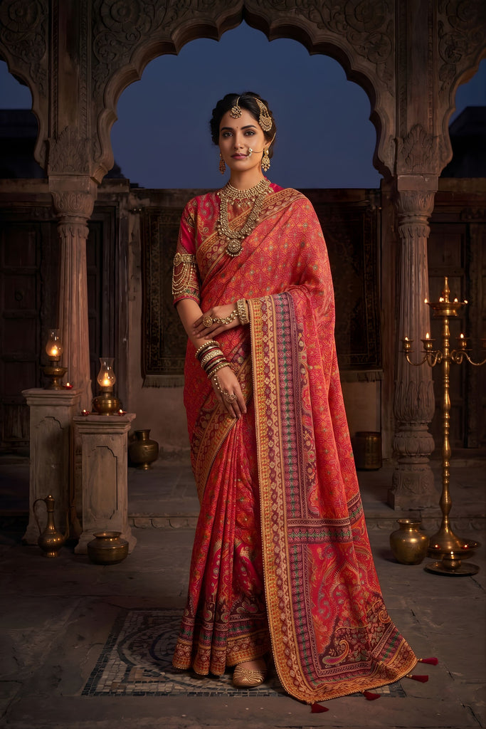 Red Traditional Banarasi Silk Saree Rich Woven Border Design