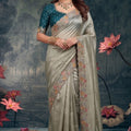 Silver Grey Designer Saree with Floral Embroidered Border