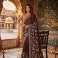  Chocolate Brown Floral Embroidered Saree Designer Border and Blouse 
