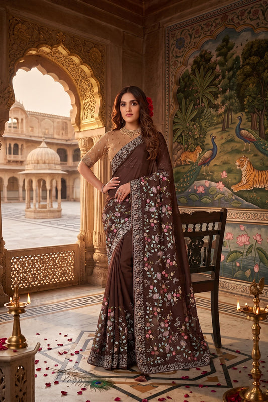  Chocolate Brown Floral Embroidered Saree Designer Border and Blouse 