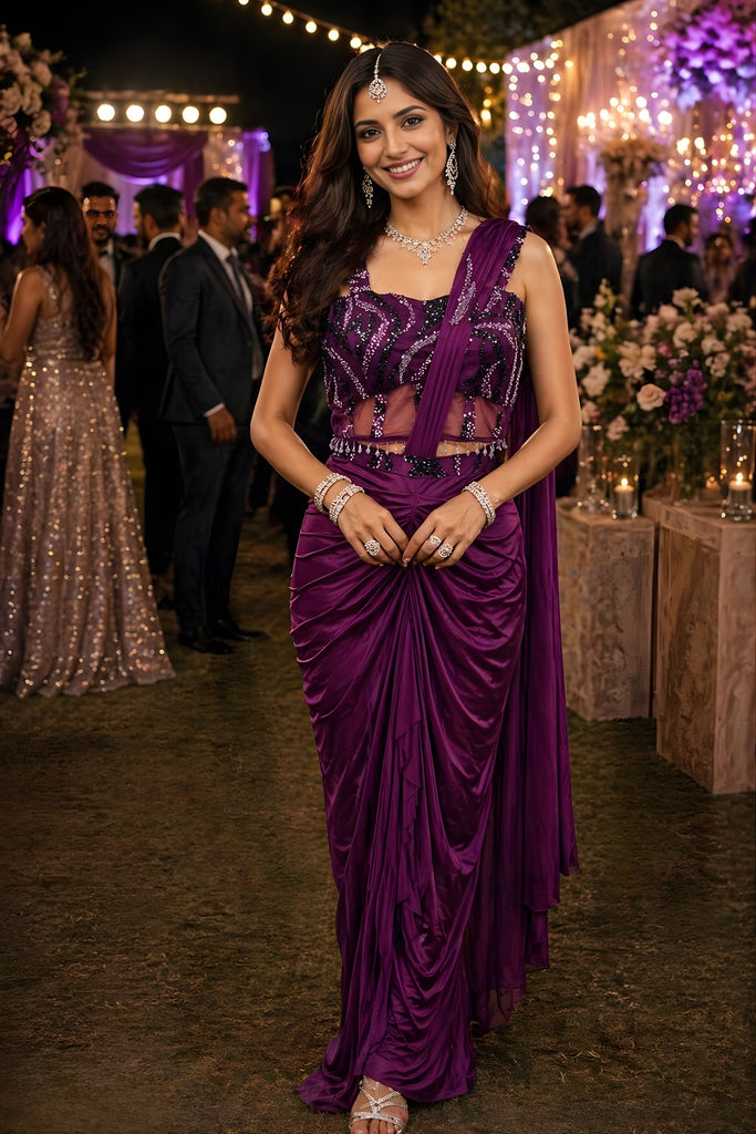 Purple Ready-to-Wear Designer Draped Saree Sequins Blouse