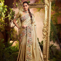 Golden Beige Embroidered Silk Saree with Floral Handwork Border