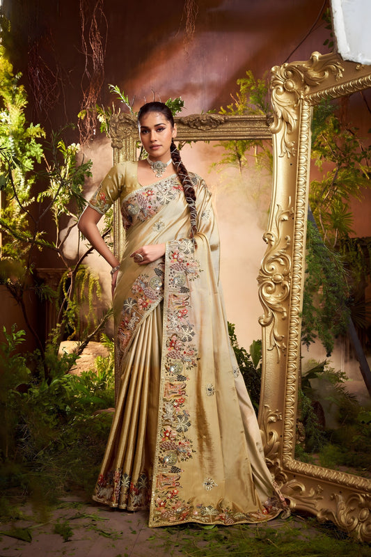 Golden Beige Embroidered Silk Saree with Floral Handwork Border