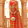 Red Olive Green Patola Print Silk Saree Traditional Gujarati Design