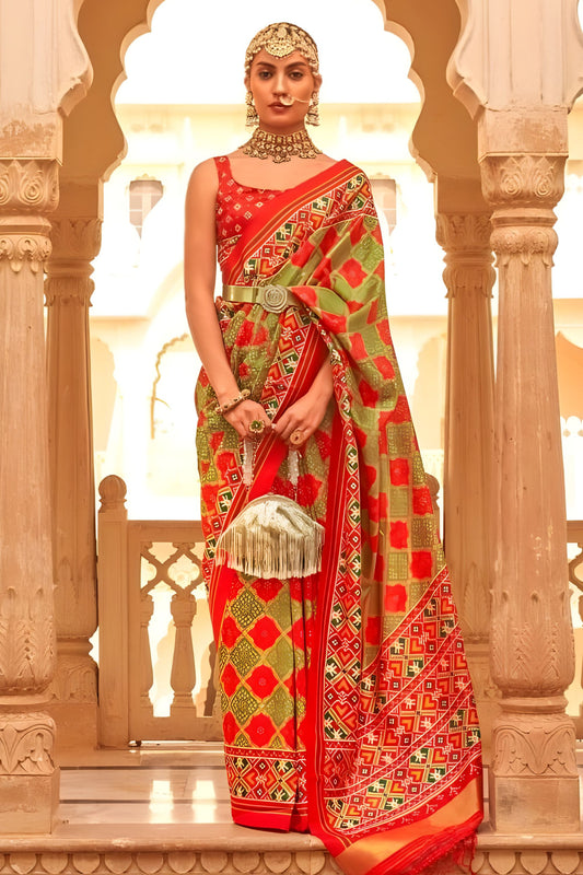 Red Olive Green Patola Print Silk Saree Traditional Gujarati Design