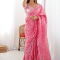 Pink Organza Saree Silver Floral Embroidery Designer Scalloped Border