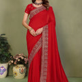 Red Georgette Saree with Heavy Gold Embroidered Border Matching Blouse