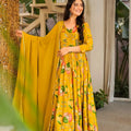 Graceful Mustard Yellow Rayon Digital Printed Designer Gown with Dupatta for Women