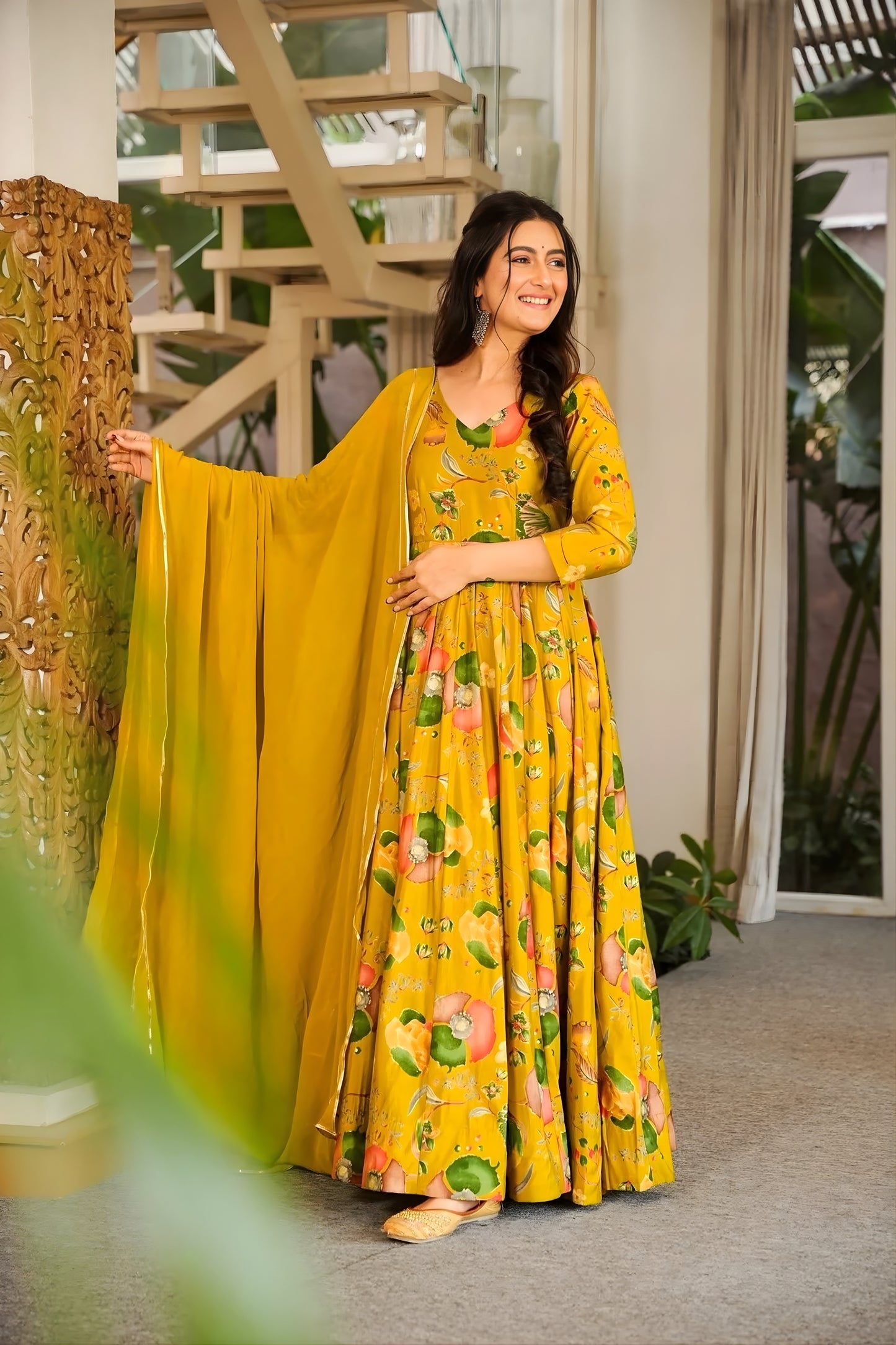 Graceful Mustard Yellow Rayon Digital Printed Designer Gown with Dupatta for Women