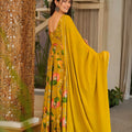 Graceful Mustard Yellow Rayon Digital Printed Designer Gown with Dupatta for Women
