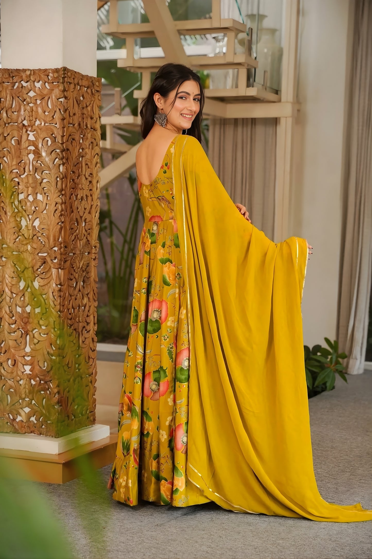 Graceful Mustard Yellow Rayon Digital Printed Designer Gown with Dupatta for Women
