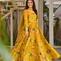 Graceful Mustard Yellow Rayon Digital Printed Designer Gown with Dupatta for Women