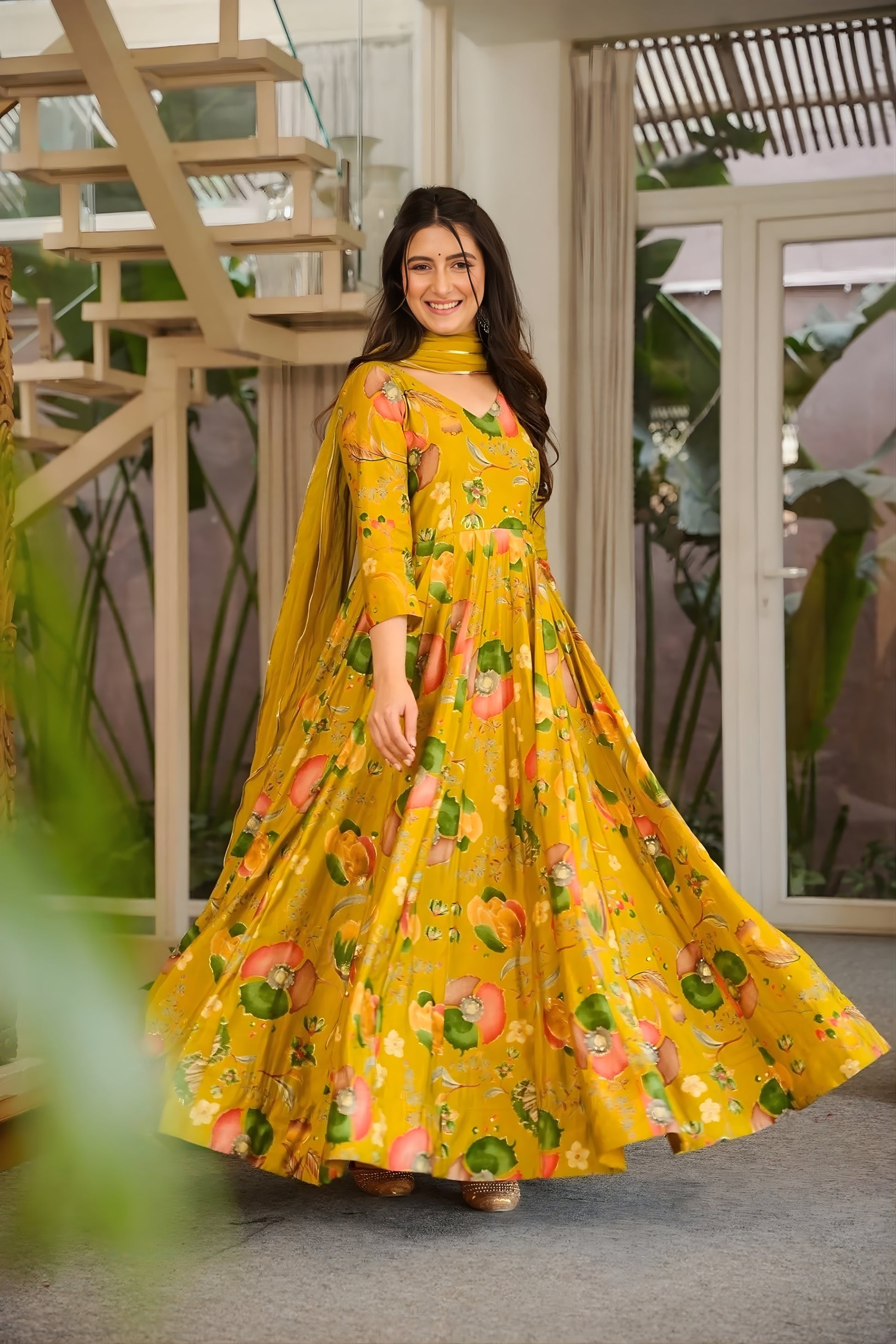 Graceful Mustard Yellow Rayon Digital Printed Designer Gown with Dupatta for Women