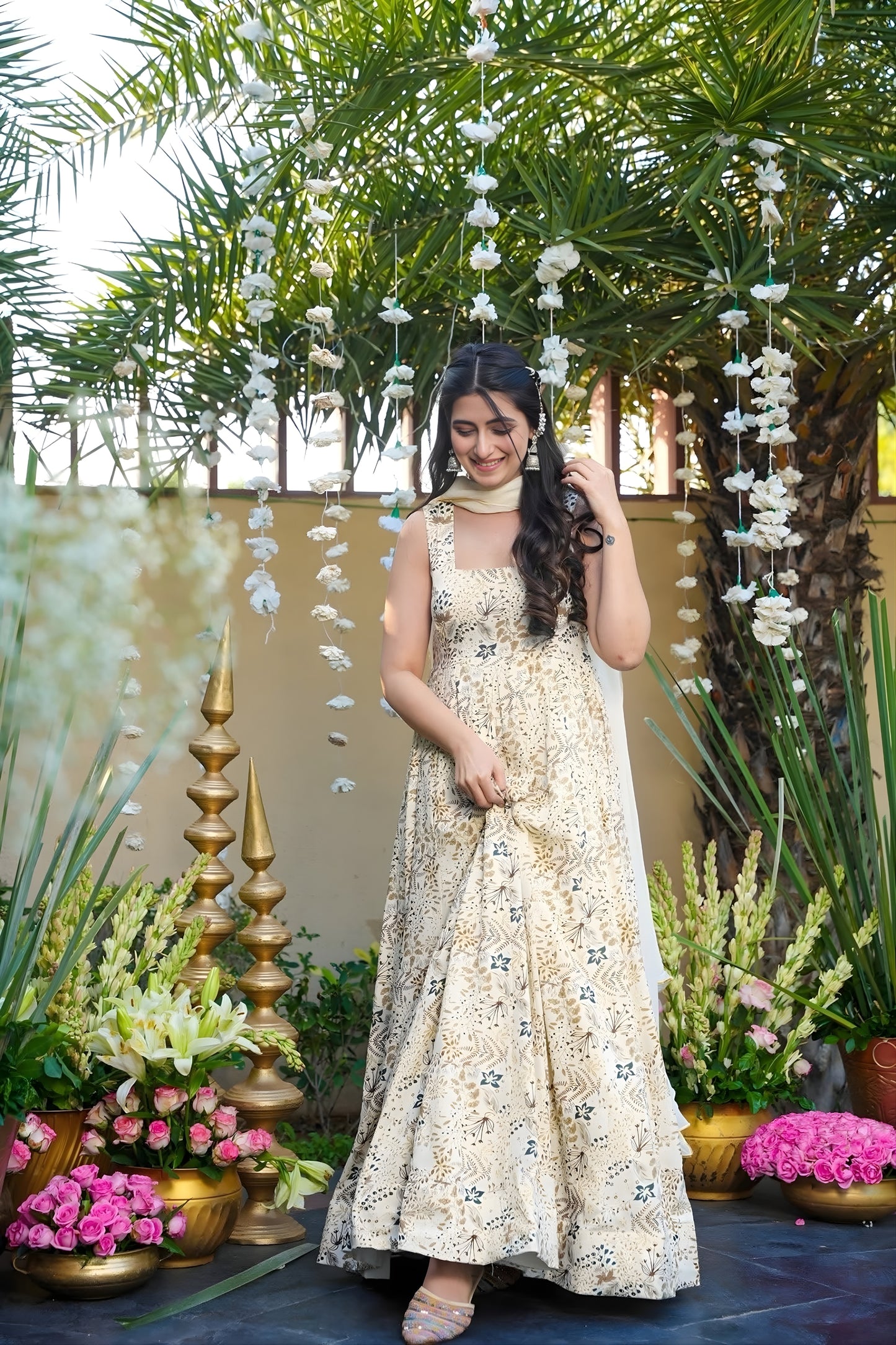 Superb Cream Rayon Digital Printed Designer Gown with Dupatta for Women