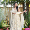 Superb Cream Rayon Digital Printed Designer Gown with Dupatta for Women