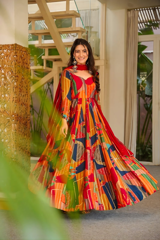 Wonderful Multicolor Rayon Digital Printed Designer Gown with Dupatta for Women
