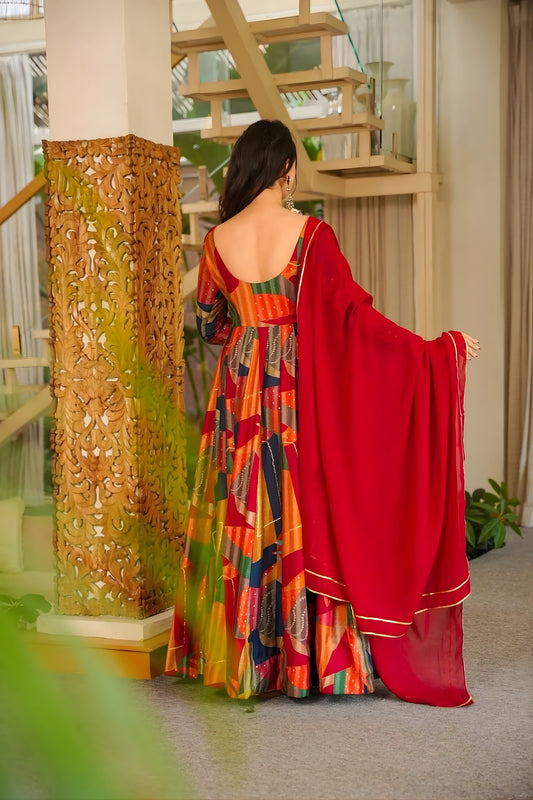 Wonderful Multicolor Rayon Digital Printed Designer Gown with Dupatta for Women
