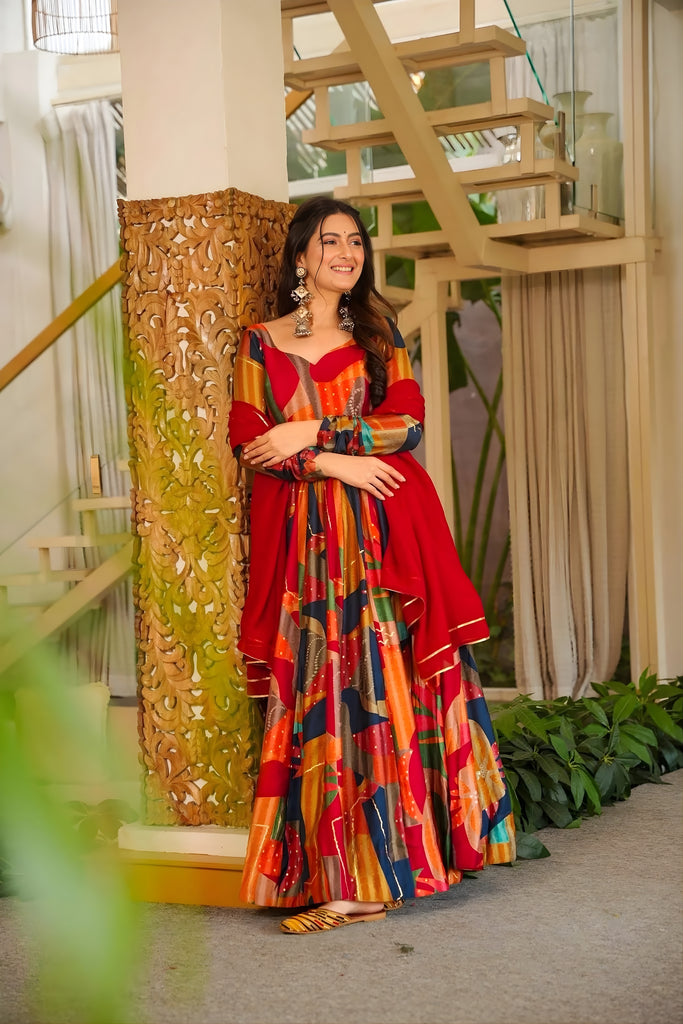 Wonderful Multicolor Rayon Digital Printed Designer Gown with Dupatta for Women