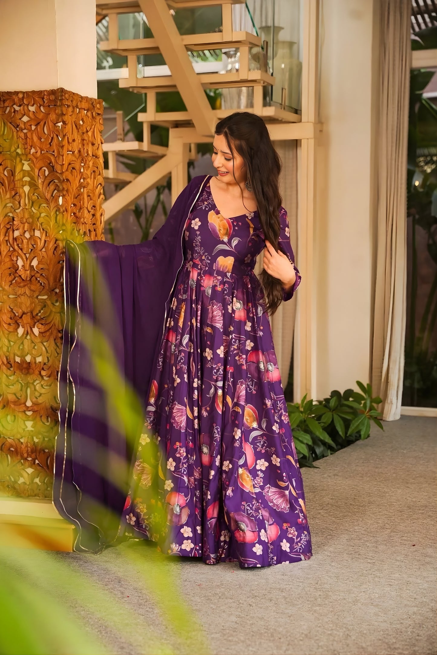 Admirable Purple Rayon Digital Printed Designer Gown with Dupatta for Women
