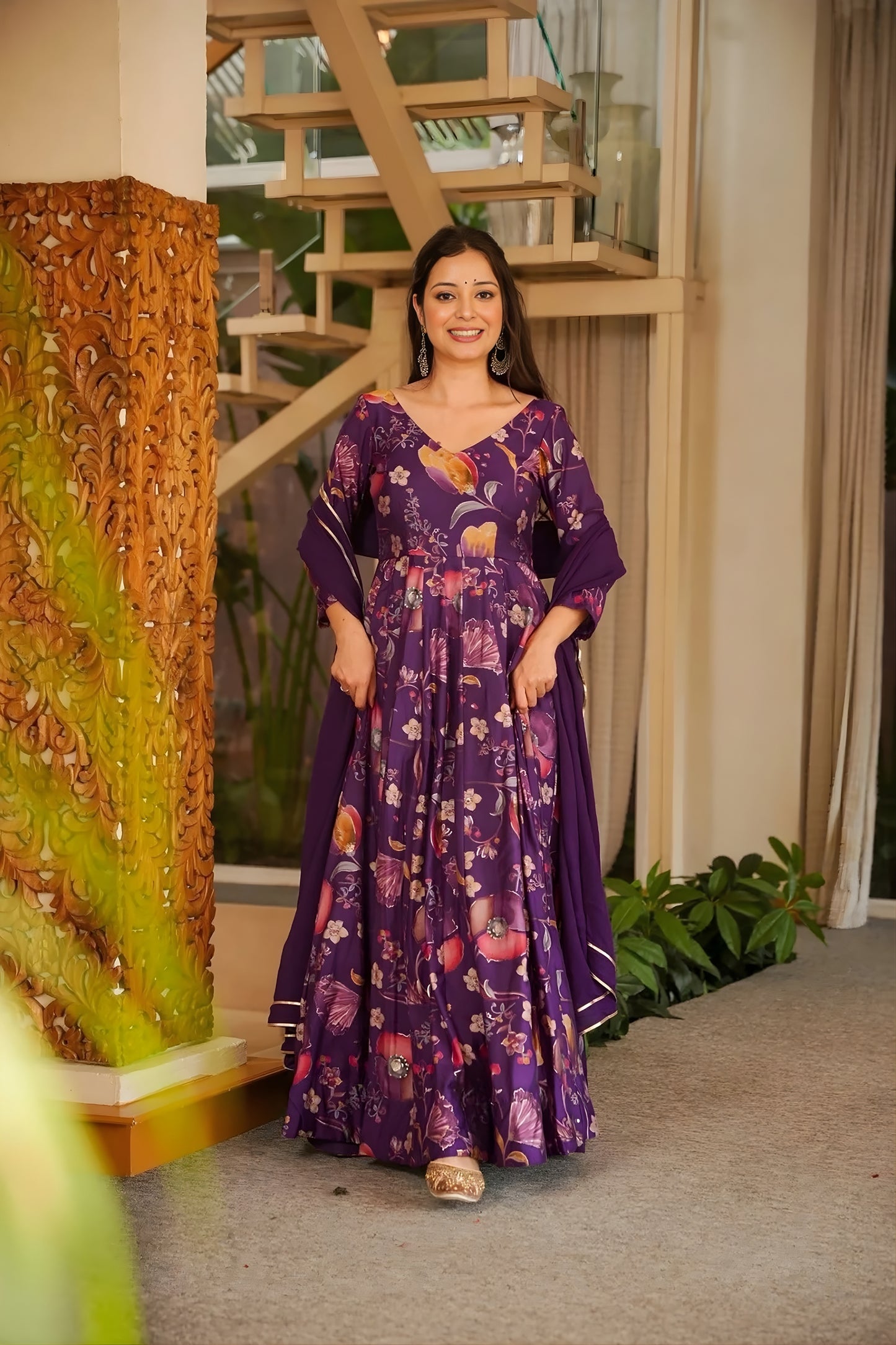 Admirable Purple Rayon Digital Printed Designer Gown with Dupatta for Women